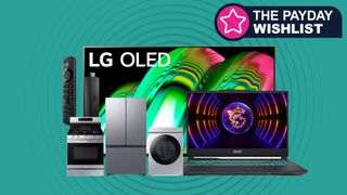 LG OLED TV, MSI Cyborg laptop, Fire TV Stick 4K Max and major kitchen appliances on a green background