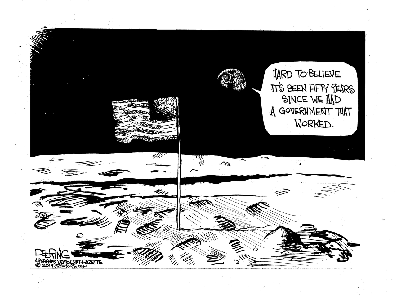 Political Cartoon 50 Years Working Government Moon Landing