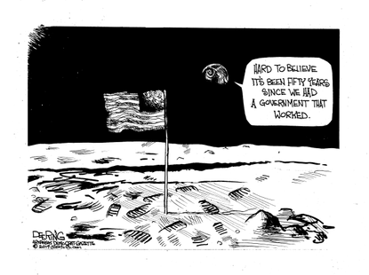 Political Cartoon 50 Years Working Government Moon Landing