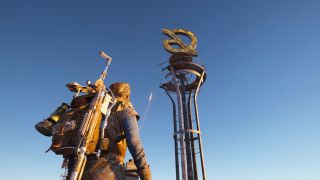 Arc Raiders Expeditions: A player looking up at a tower with a rocket taking off in the sky behind.
