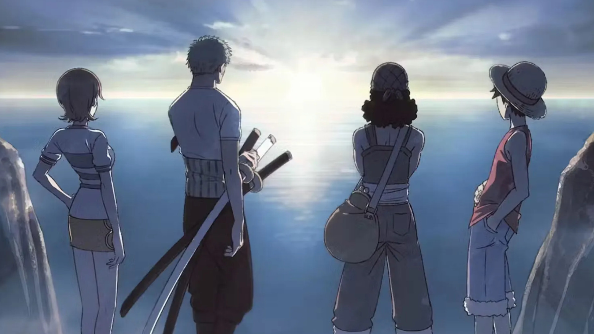 Nami, Zoro, Usopp and Luffy looking at the sea during a moment in the upcoming anime reboot, The One Piece