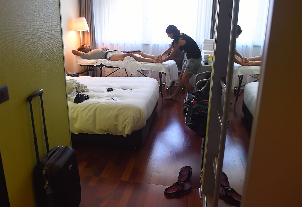 Fabian Cancellara gets a massage during the 2016 Tour's second rest day.