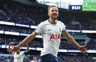 Harry Kane celebrates a goal for Tottenham against Chelsea in February 2023.