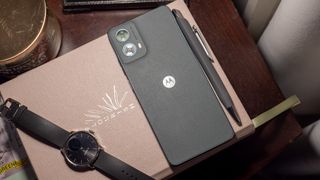 The vegan leather back of the Moto G 5G 2024