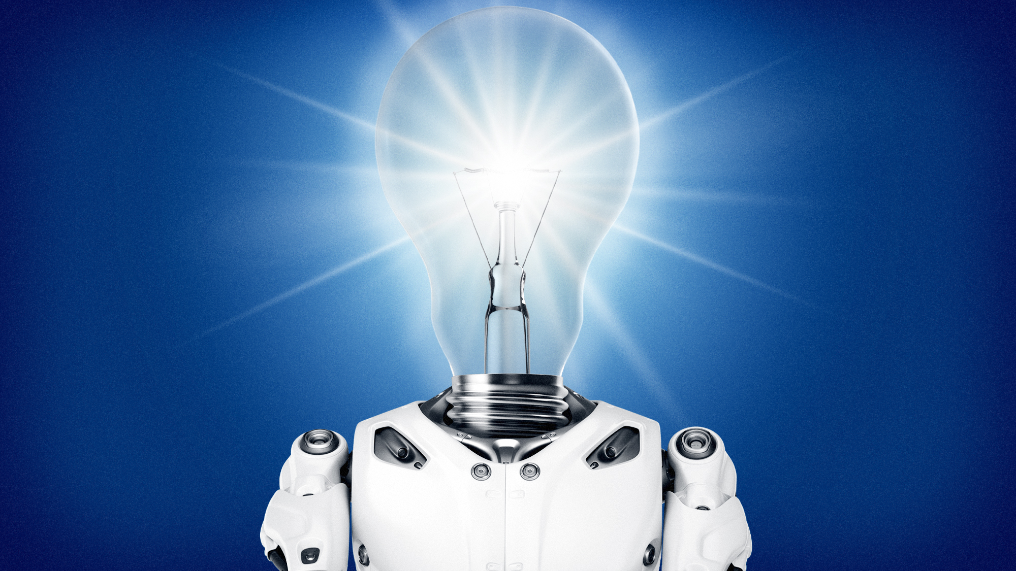 Illustration of a robot with a large glowing lightbulb for a head