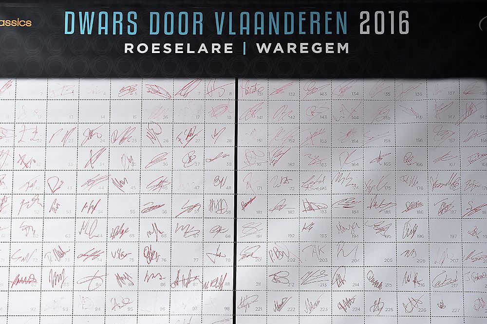 Riders' signatures after signing in to Dwars door Vlaanderen in Roeselare City