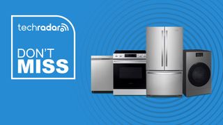 Appliances from the Best Buy Memorial Day appliances sale on a blue background