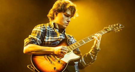 Matteo Mancuso plays his Yamaha Revstar onstage in Milan, 2026.