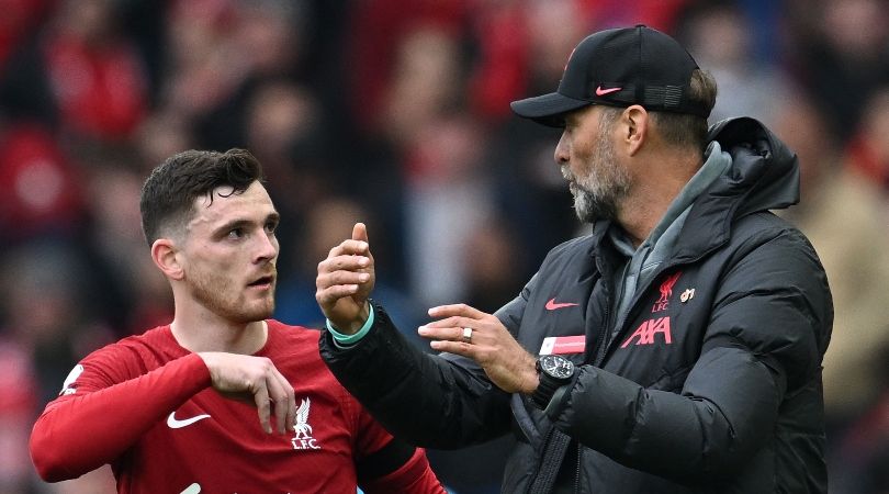 Andy Robertson and Jurgen Klopp during Liverpool&#039;s Premier League game against Arsenal at Anfield in April 2023.