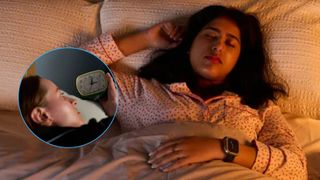 The image shows a young woman sleeping peacefully in bed. Inset, another woman lies in bed awake and checks the clock - it's 3 a.m.