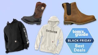 a composite image of carhartt hoodies, sweatshirts, work boots, with a tom's guide deal badge