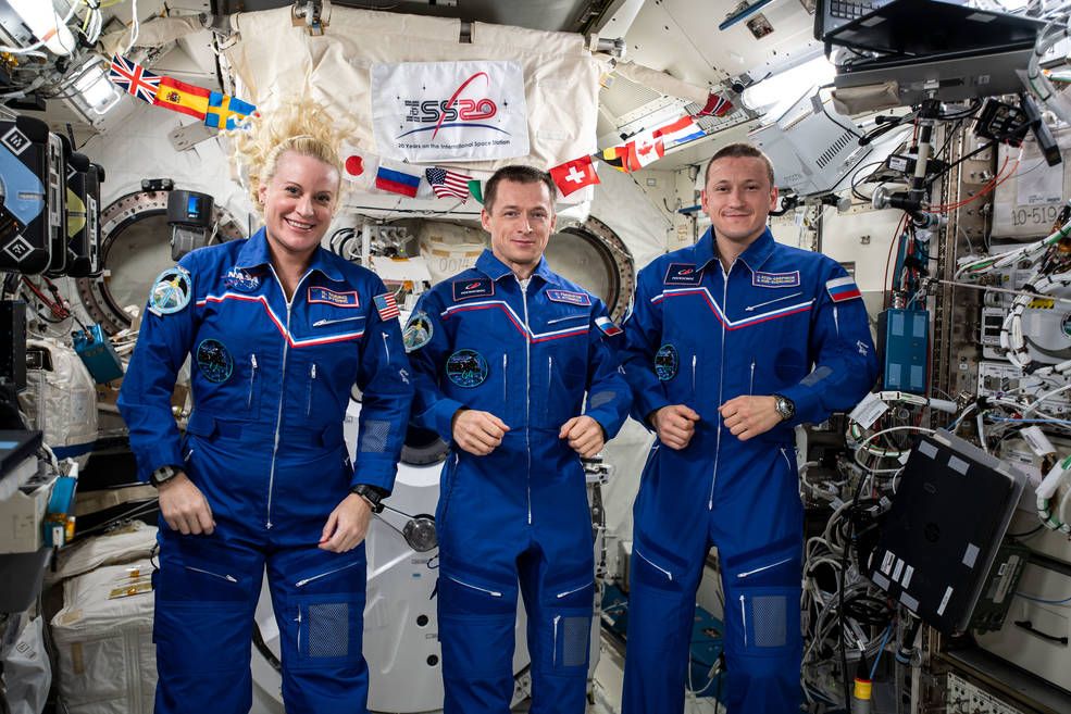 Expedition 64 Flight Engineers Kate Rubins of NASA and Sergey Ryzhikov and Sergey Kud-Sverchkov of Roscosmos, seen here inside the International Space Station&#039;s Japanese Kibo laboratory, are scheduled to depart the outpost on April 16, 2021.