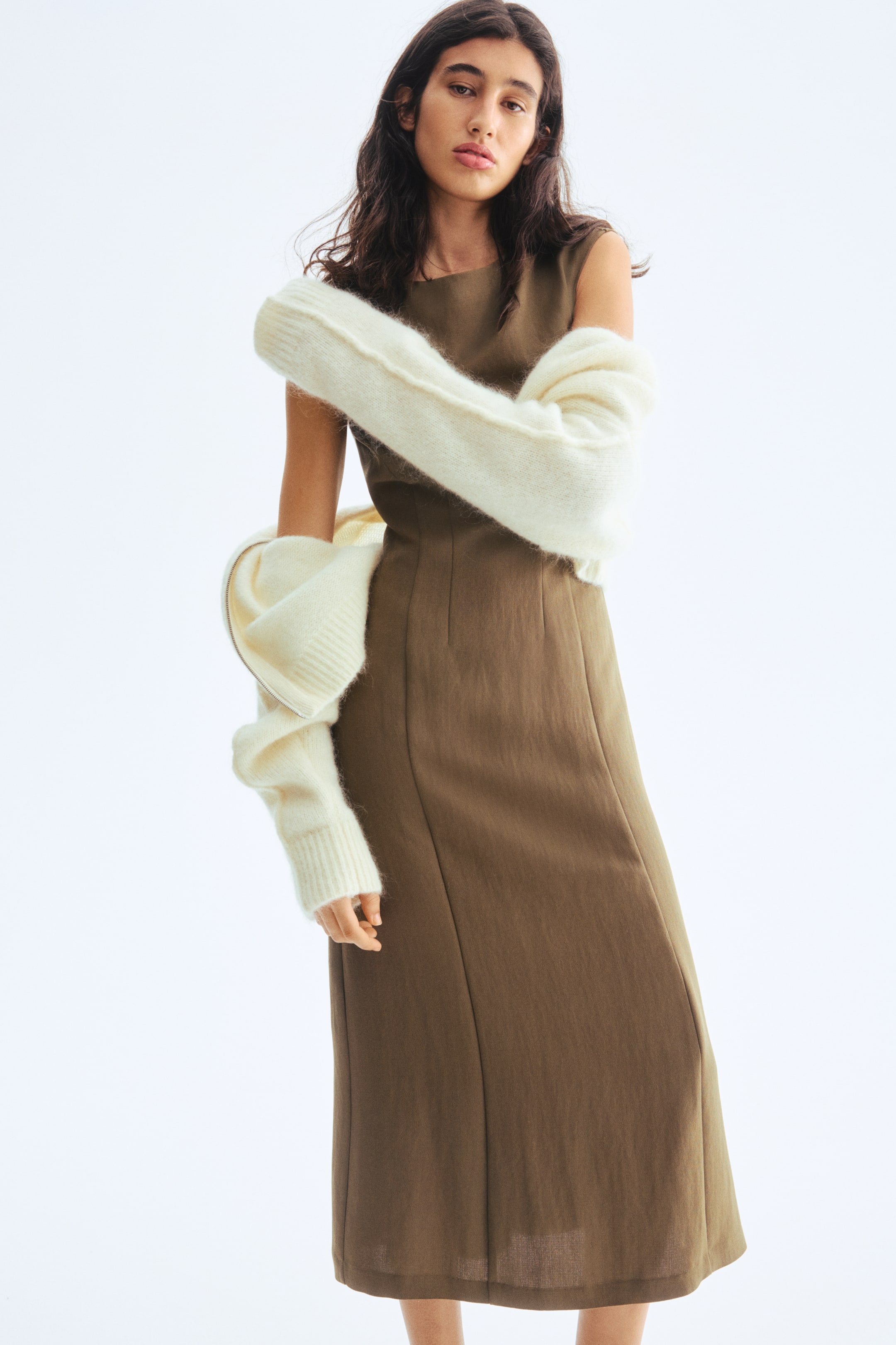 Defined-Waist Sleeveless Dress - Dark Khaki Green