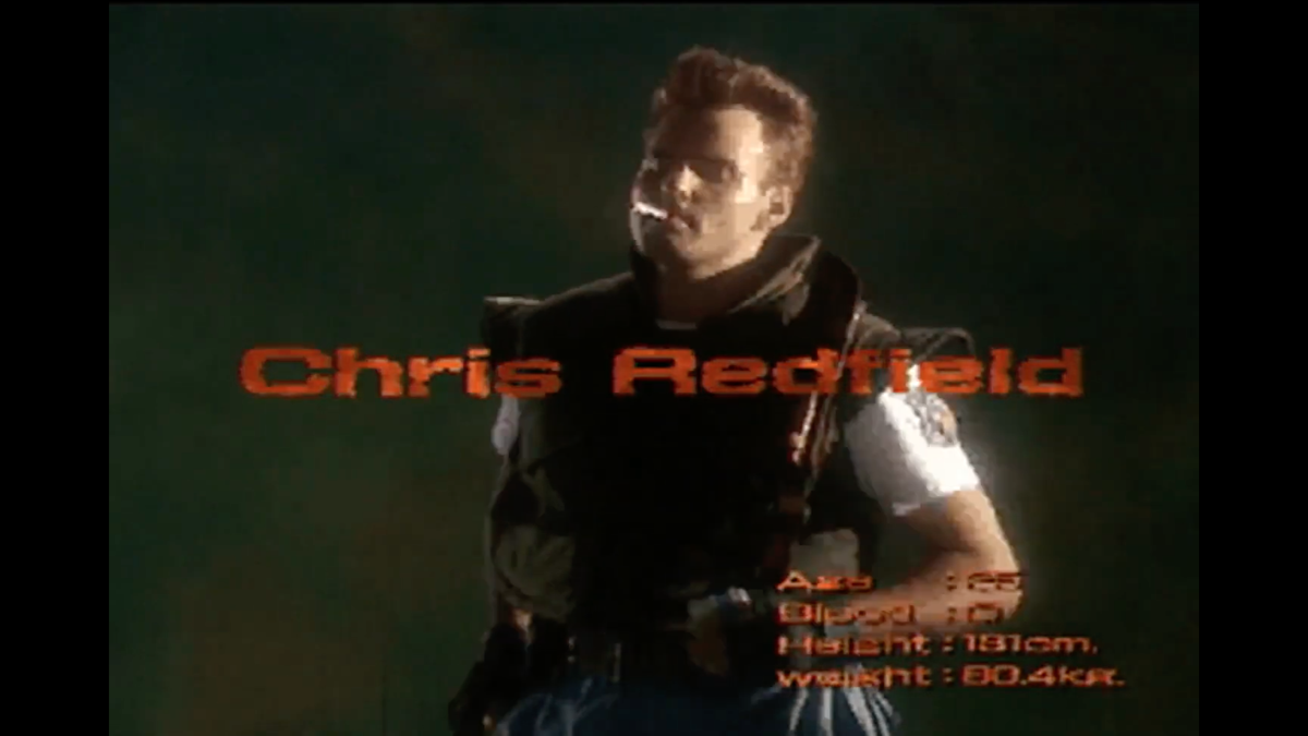 Resident Evil 1&#039;s live-action intro screenshot showing Chris Redfield smoking a cigarette.