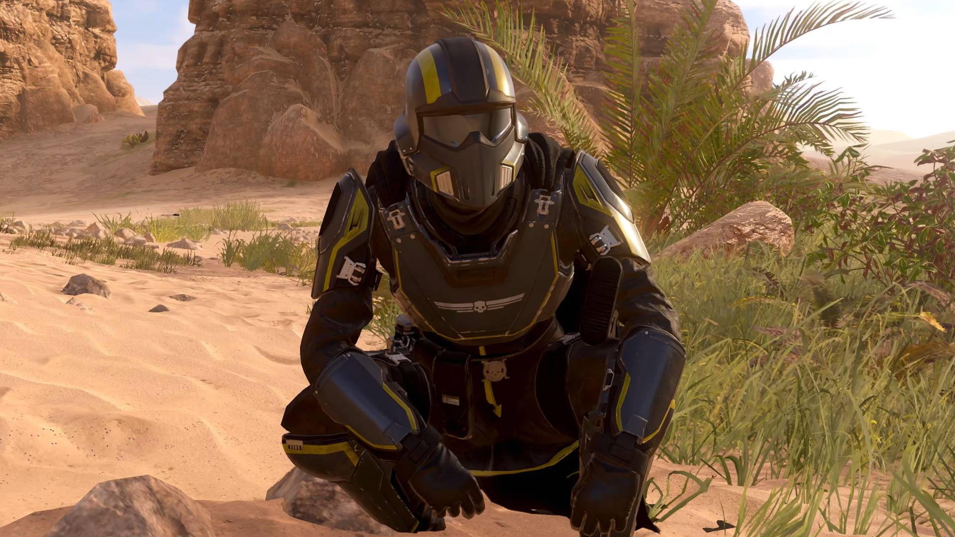 A screenshot of a Helldiver crouching in the Helldivers 2 Super Earth Escapes video.