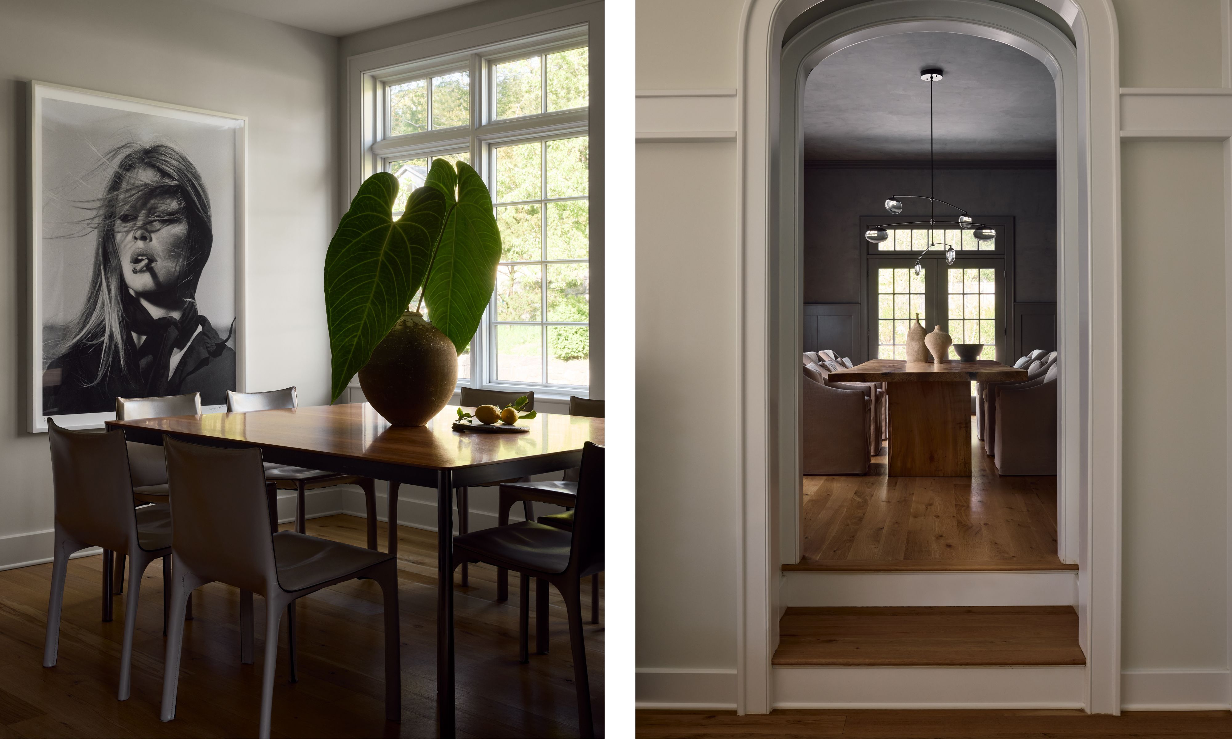 Two images of a kitchen dining space with a wooden dining table and a large print and the wall and the view from an entryway into a darkly painted gray dining room
