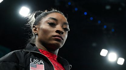 Simone Biles arrives to compete in the artistic gymnastics women&#039;s vault final during the Paris 2024 Olympic Games at the Bercy Arena in Paris, on August 3, 2024.