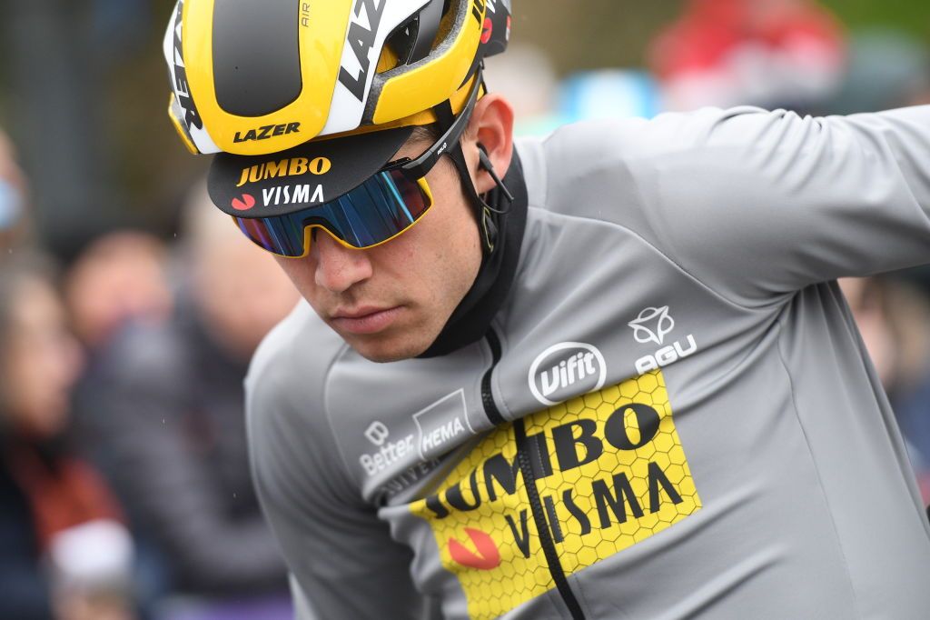 Jumbo-Visma’s Wout Van Aert readies himself for the start of the 2020 Omloop Het Nieuwsblad