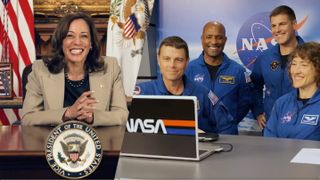 U.S. Vice President Kamala Harris chats with the Artemis 2 astronauts.