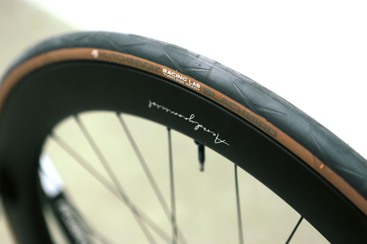 A tan bicycle tyre on a white background