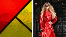 Red and yellow stained glass windows next to a picture of Jessica Simpson in sunglasses and a long red coat