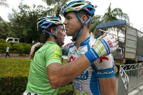 It could have been another one-two: Stage winner Kenny Van Hummel is congratulated by his Skil Shimano teammate Tom Veelers in Danzhou.