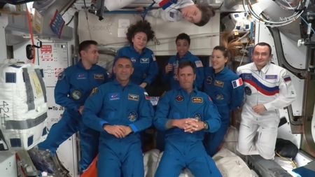 The Crew-13 astronauts aboard their new home, the International Space Station, on Oct. 1, 2026.
