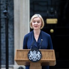 Liz Truss standing in front of 10 Downing Street resigning as Prime Minister