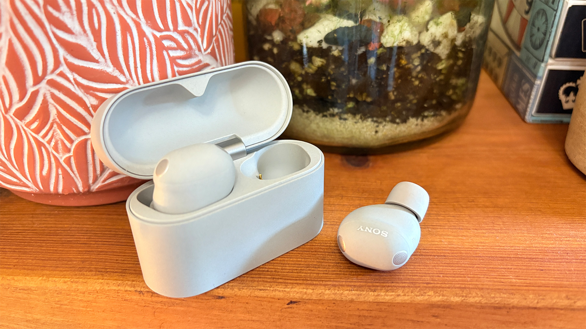 Sony WF-1000XM6 wireless earbuds on wooden table next to plant pots, one earbud in case