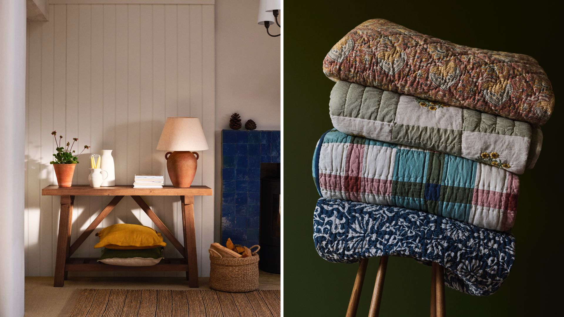 split image of a neutral living room with a wooden console table and a stack of quilted bedspreads