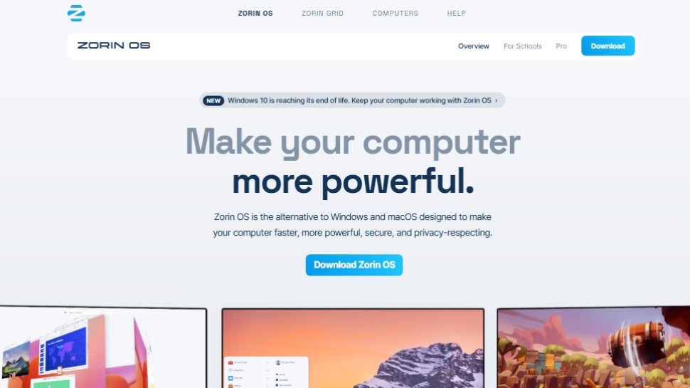 Website screenshot of Zorin OS (August, 2025)