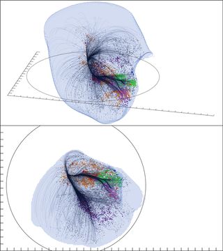 Two views of the Laniakea Supercluster, a massive collection of galaxies that contains Earth's Milky Way galaxy and many others, are shown in these computer-generated images.