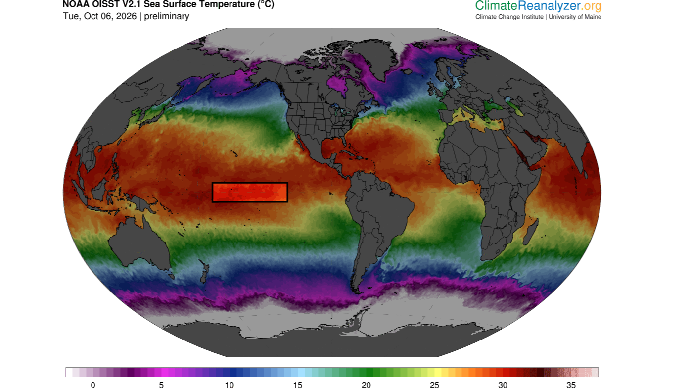 Map of the world showing sea surface temperatures and the location of the Nino 3.4 region in the central Pacific Ocean.