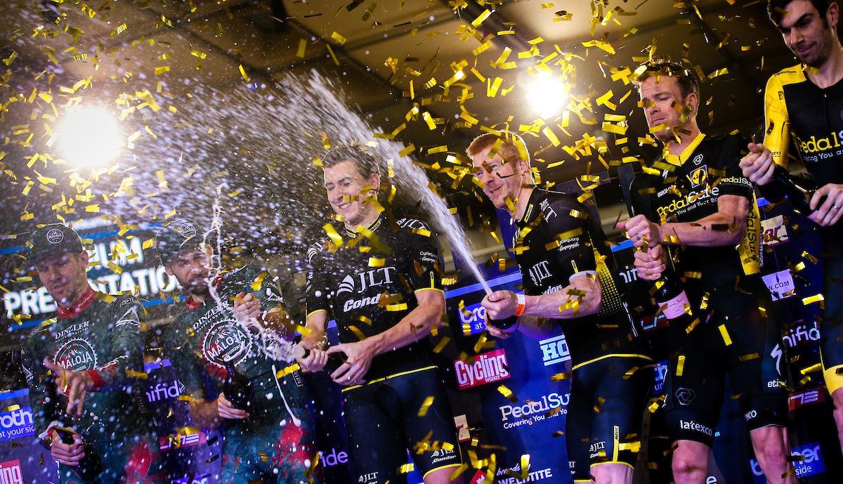 JLT Condor's Jon Mould and Ed Clancy celebrate winning the Men's Champions League title