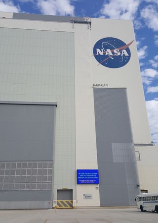 A view from in front of the massive Vehicle Assembly Building.