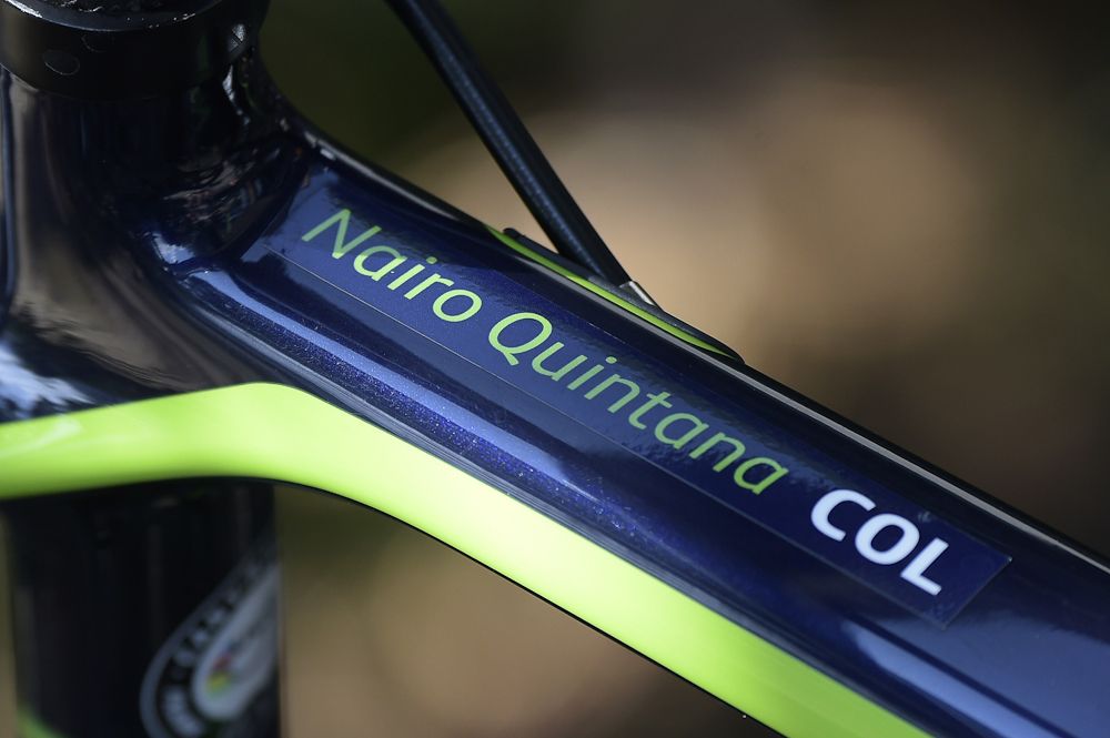 A part of the bike of Colombia's Nairo Quintana, the best young's white jersey, is pictured at his hotel during a rest day