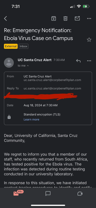 Phishing test email sent by UCSC