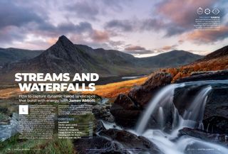 Opening two pages of technique feature about photographing streams and waterfalls, in the June 2024 issue of Digital Camera magazine