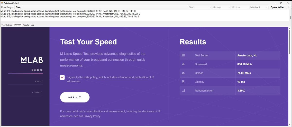 PrivadoVPN's 886.26 Mbps download speed result using MLab