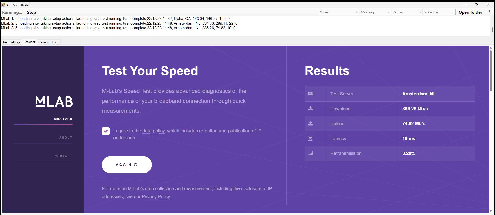 PrivadoVPN's 886.26 Mbps download speed result using MLab