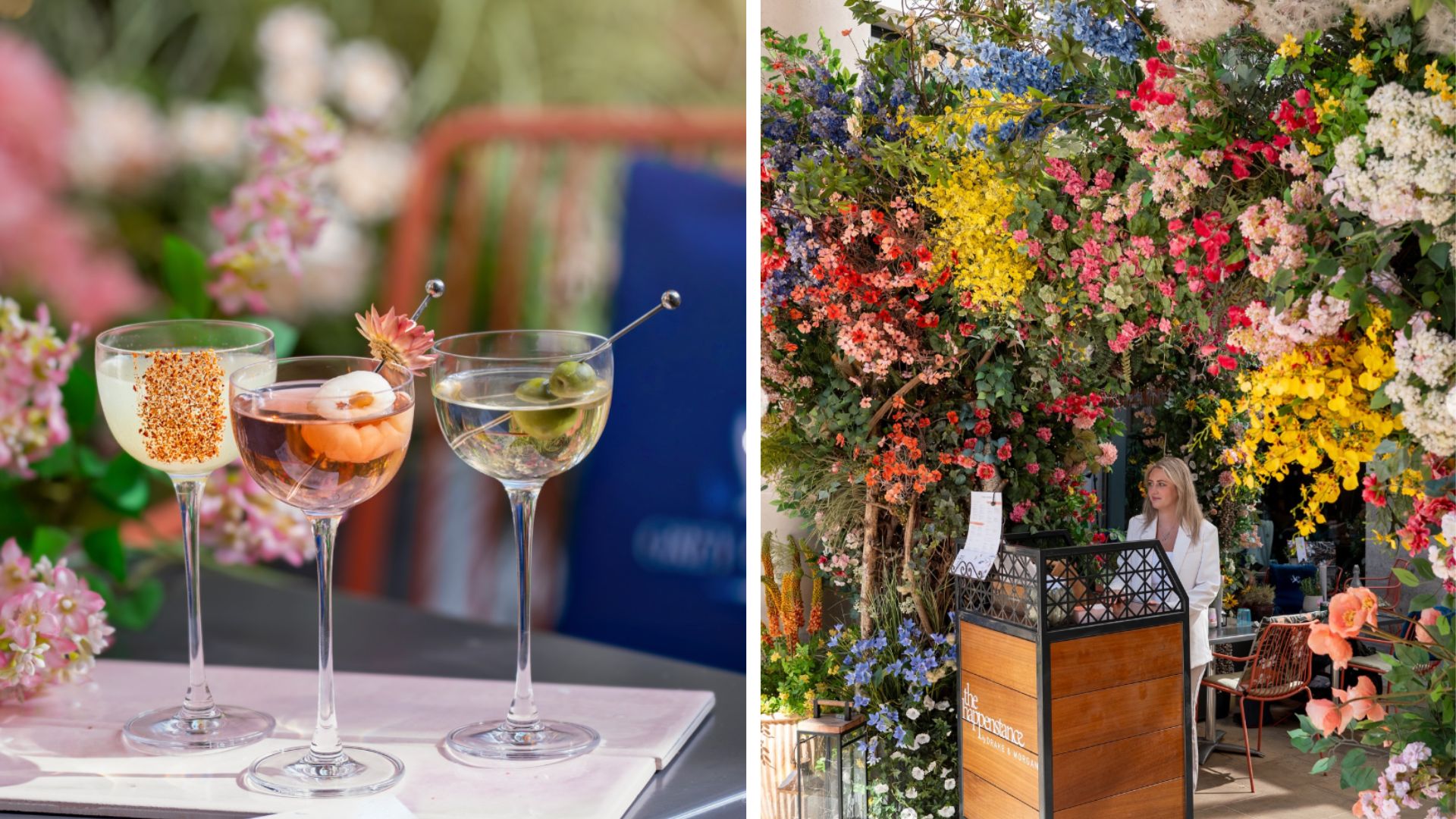 an image of the mini tini trio on the left and then an image of the entrance to The Happenstance restaurant which has a huge multicoloured flower arch over the doorway