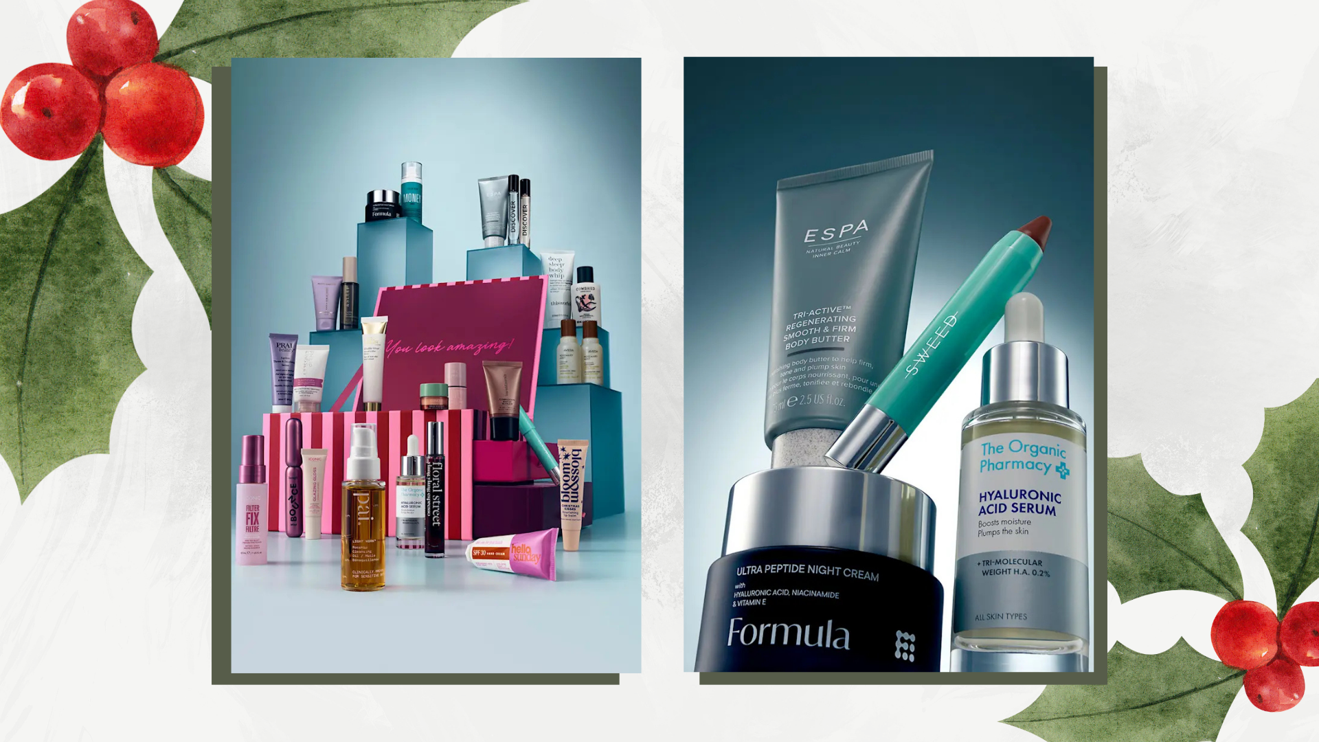 Image of the M&amp;S Beauty Advent Calendar 2026 and its contents in front of it (L) and a close up shot of some of the contents (R), on a white background with green and red holly