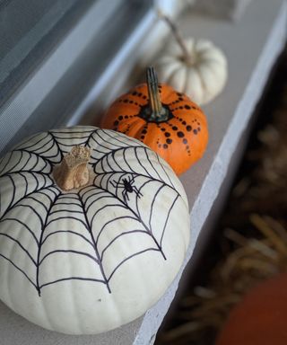 Easy no-carve pumpkin ideas with white and orange pumpkins decorated with permanent marker patterns and spider web drawings