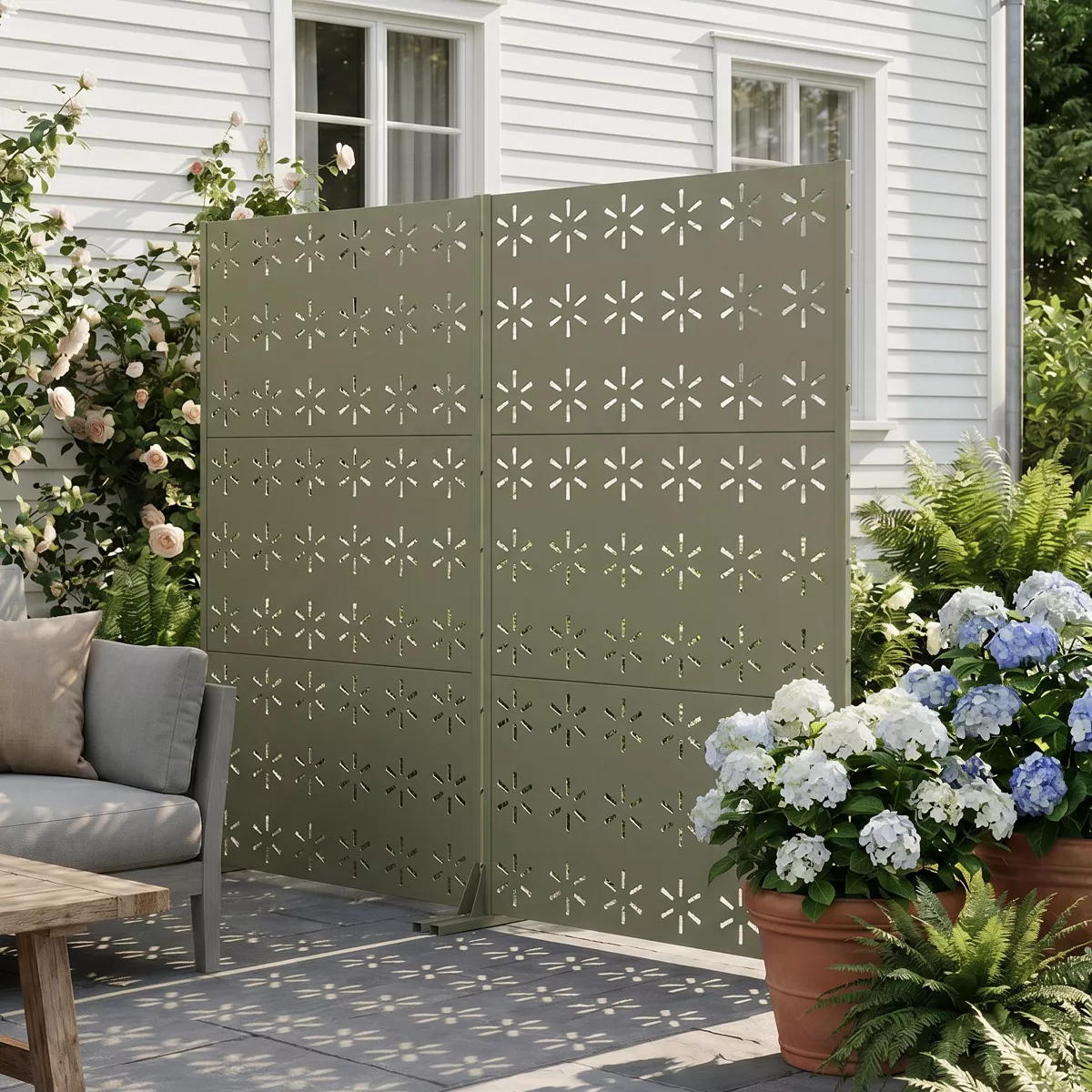 1-Piece Olive Grey 72x47 Inch Galvanized Steel Privacy Screen, Freestanding Decorative Privacy Screen for Outdoor and Indoor