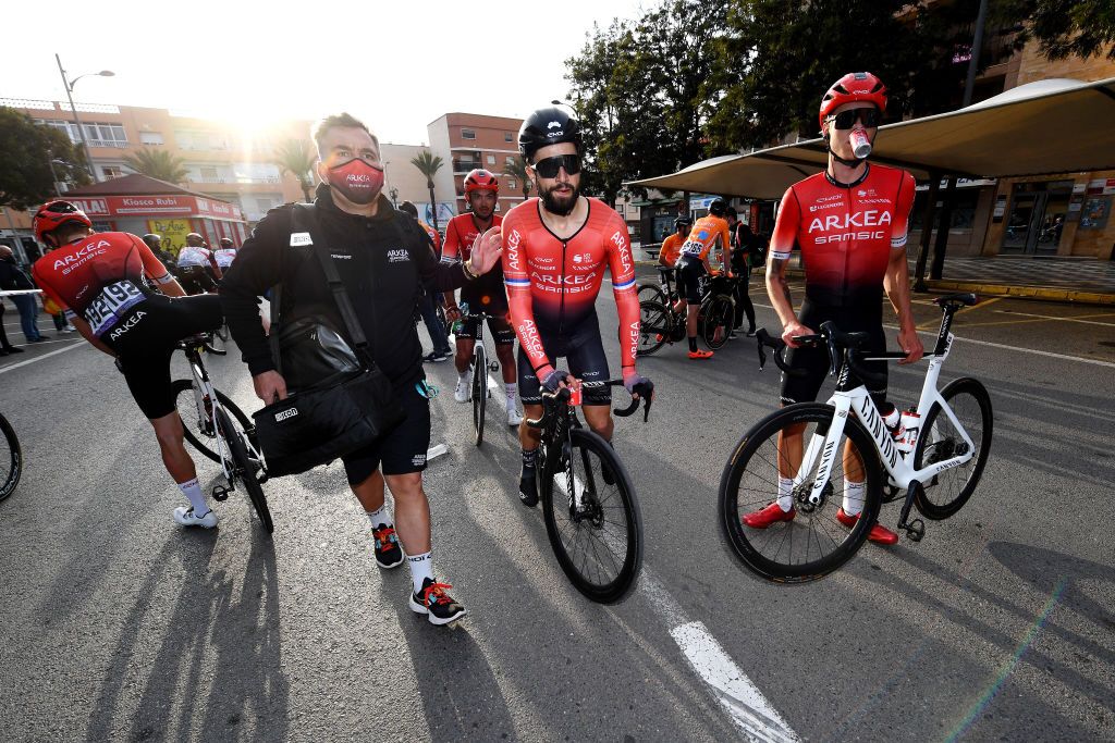 ROQUETAS DE MAR SPAIN FEBRUARY 13 LR Nacer Bouhanni of France and Markus Pajur of Estonia and Team Arkea Samsic react after cross the finishing line during the 35th Clsica de Almera 2022 a 1882km one day race from El Ejido to Roquetas de Mar ClsicaAlmera22 on February 13 2022 in Roquetas de Mar Spain Photo by Tim de WaeleGetty Images