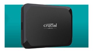 Crucial X9 external SSD on blue background