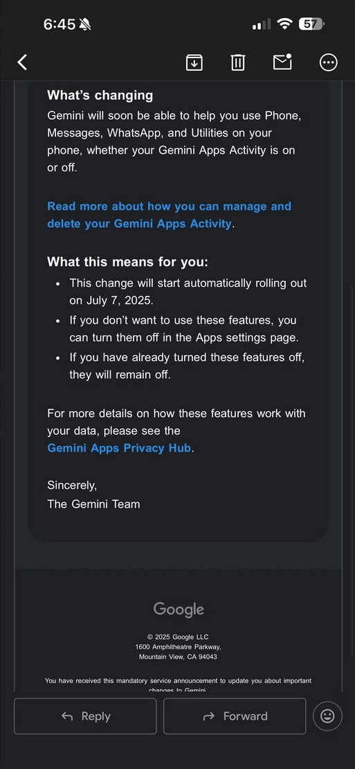 Part of an email from Google announcing upcoming changes to how Gemini interacts with user devices.