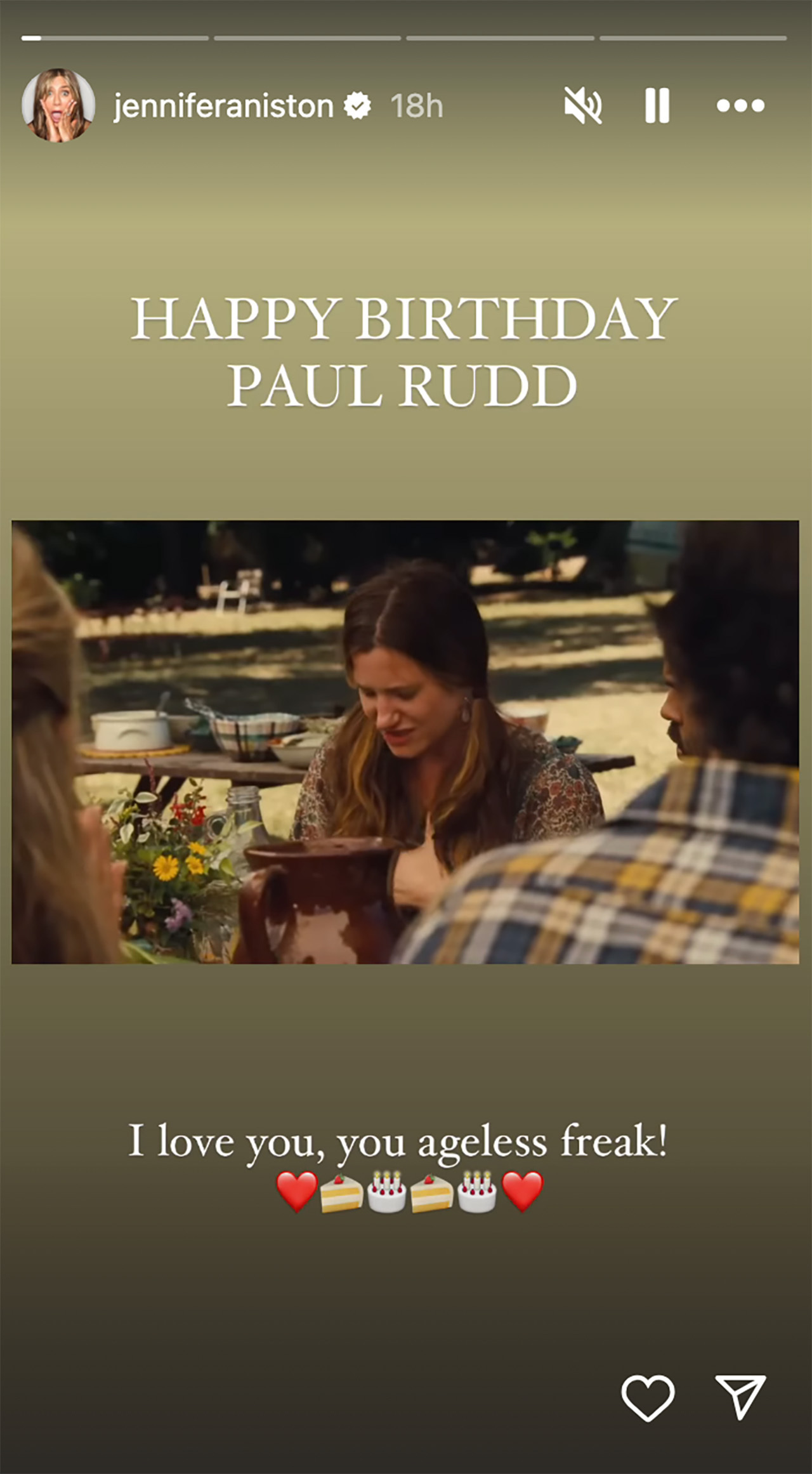 Jennifer Aniston shouting out Paul Rudd on Instagram.