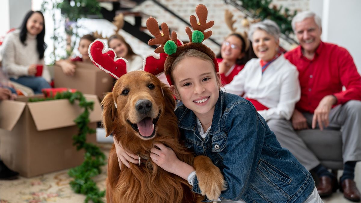 Girl and dog wearing reindeer antlers and hugging at Christmas time