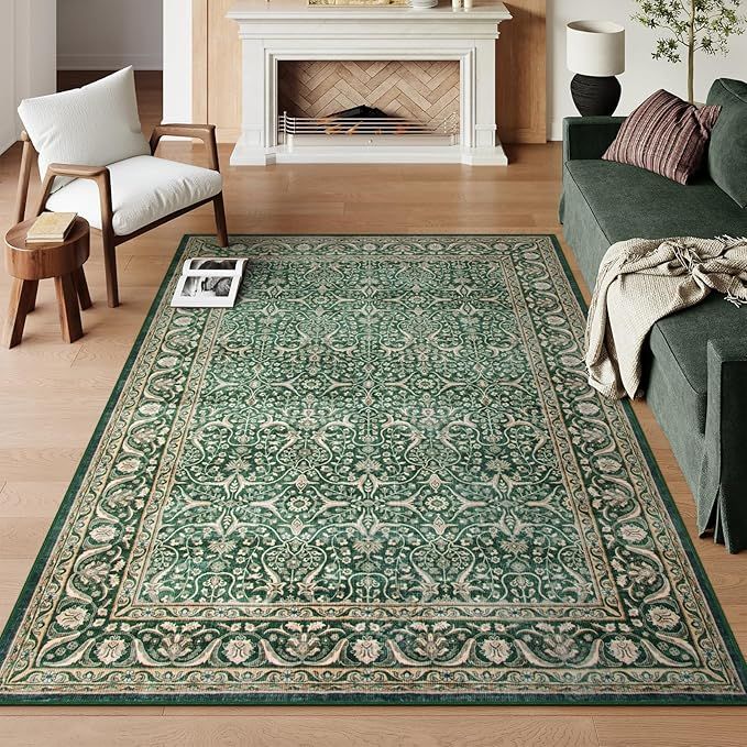 Wonnitar, Wonnitar Green 5x7 Washable Area Rug, Non Slip Soft Vintage Rugs for Bedroom, Low Pile Stain Resistant Floor Carpets for Farmhouse Living Room Dining Room Home Office,(green,5' X 7')